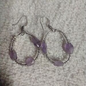 Silvertone purple beaded wire earrings